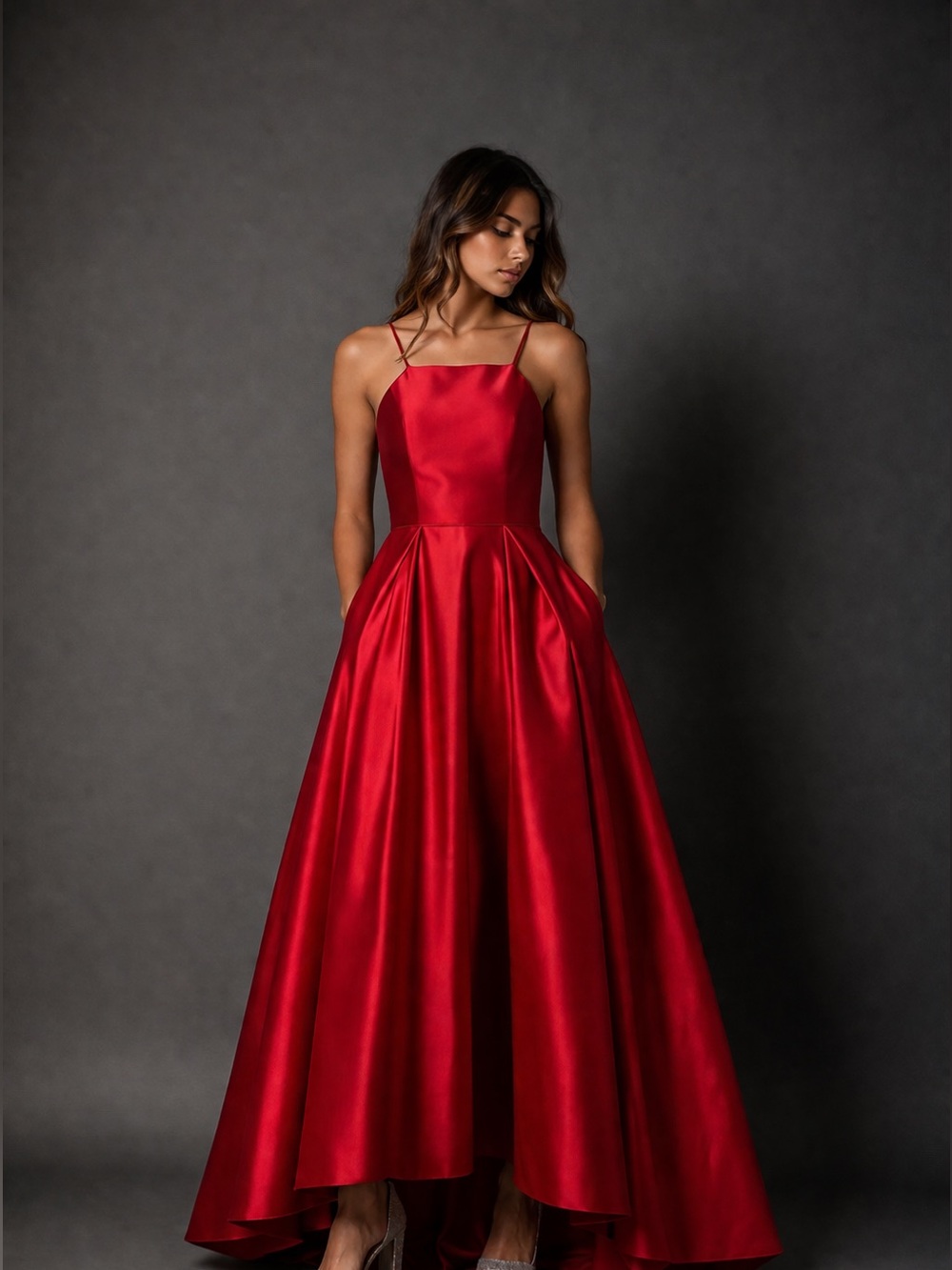 Nordstrom Red Satin High-Low Spaghetti Strap Gown